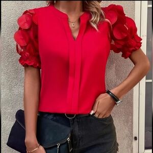 🐎 NEW! Red Women's  Dressy Blouse with Sheer Sleeves XL